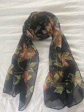 Vintage Italian Silk Chiffon Scarf Shawl Navy with Peach Green Peonies 19"x65"