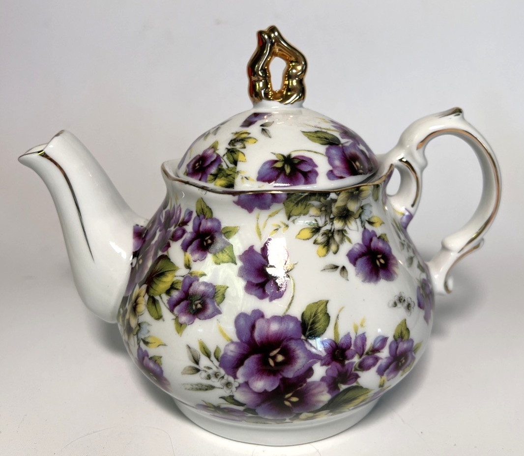 Victoria's Tea Room Purple Floral 2-Cup Teapot with Gold Trim for Display