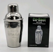 8 oz Stainless Cocktail Shaker 3pc Deluxe Etched Stiletto WUNAbKA Vodka  Co-Rect