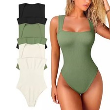 Women's Ribbed Square Neck Bodysuit Sleeveless Stretchy Slim Fit Leotard Vest