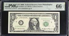 2006 $1 PMG 66 EPQ C22222223A Fancy Serial • 7 of a Kind Near Solid GEM Note