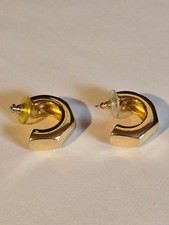 Gold Tone Metal C-Hoop Stud Earrings Hexagon Geometric Small Mini Post Back