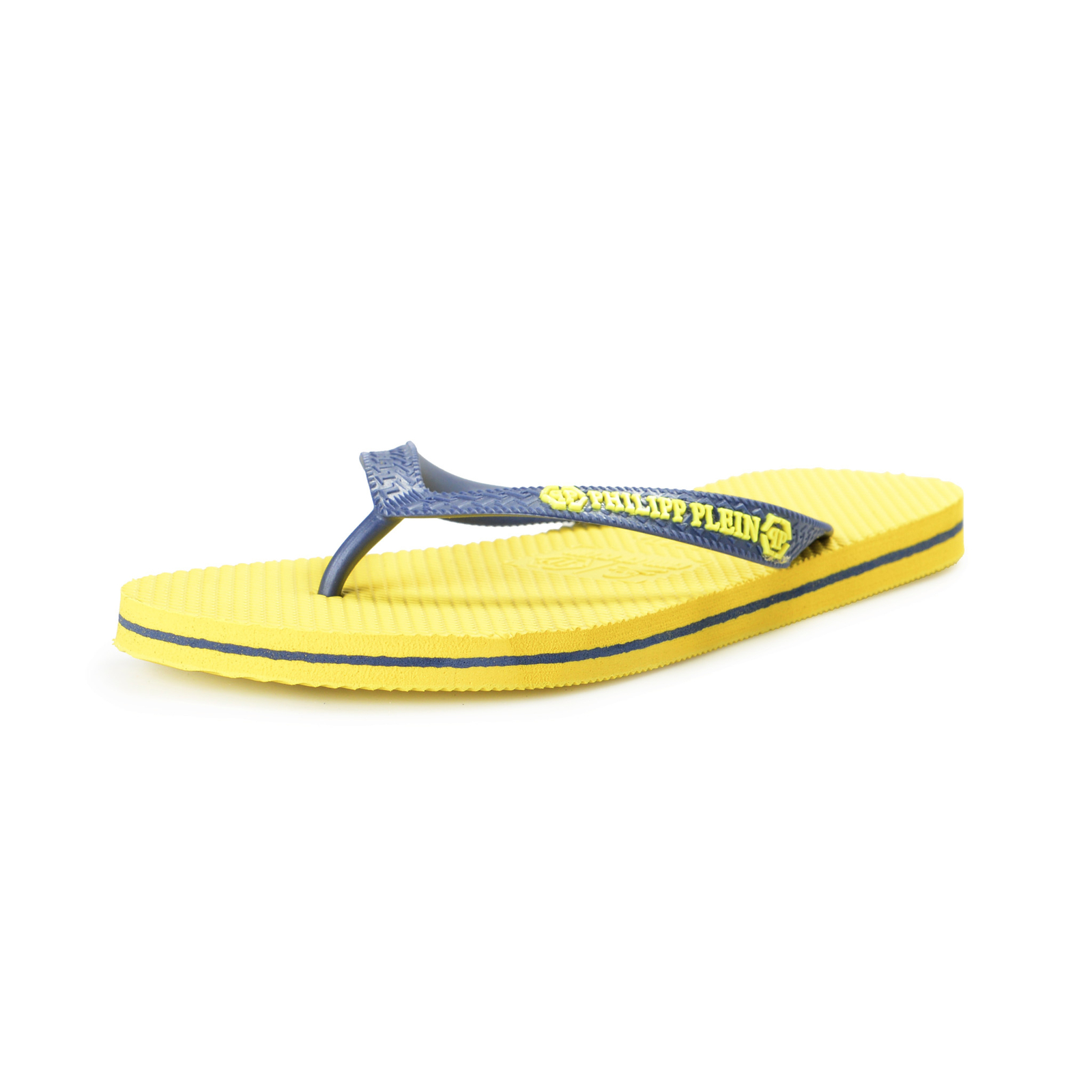 Philipp Plein Mens Yellow/Navy Blue Rubber Logo Print Flip Flops Shoes