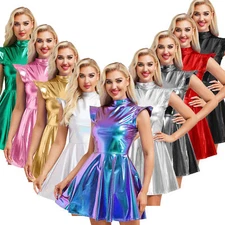 Women's Shiny Metallic Astronaut Alien Cosplay Party Disco Holographic Dresses