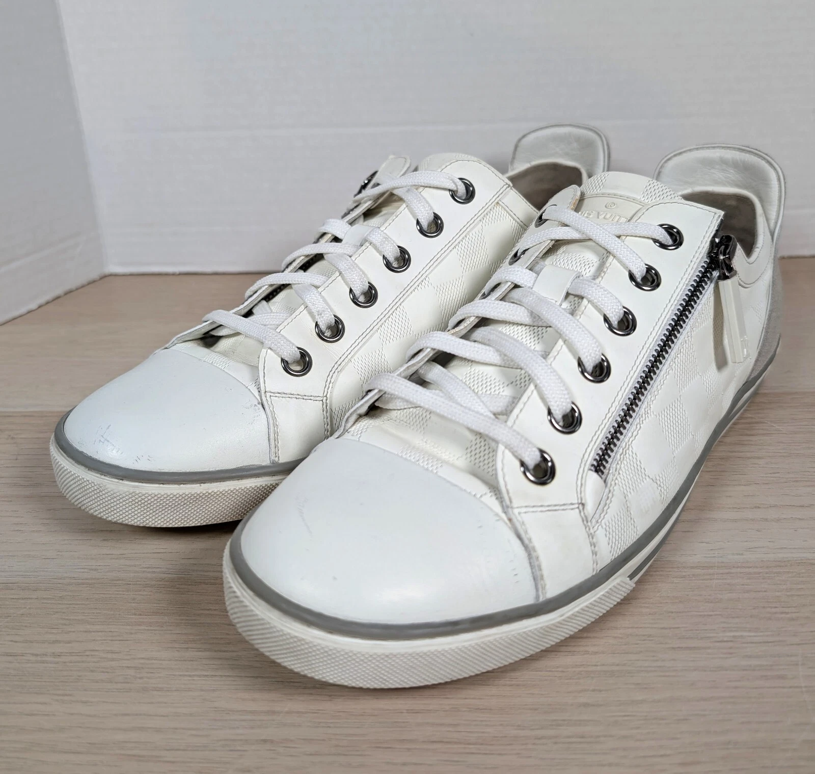 Louis Vuitton Zip Damier White Leather Sneaker Shoes Suede Men's US 9.5 UK 8.5