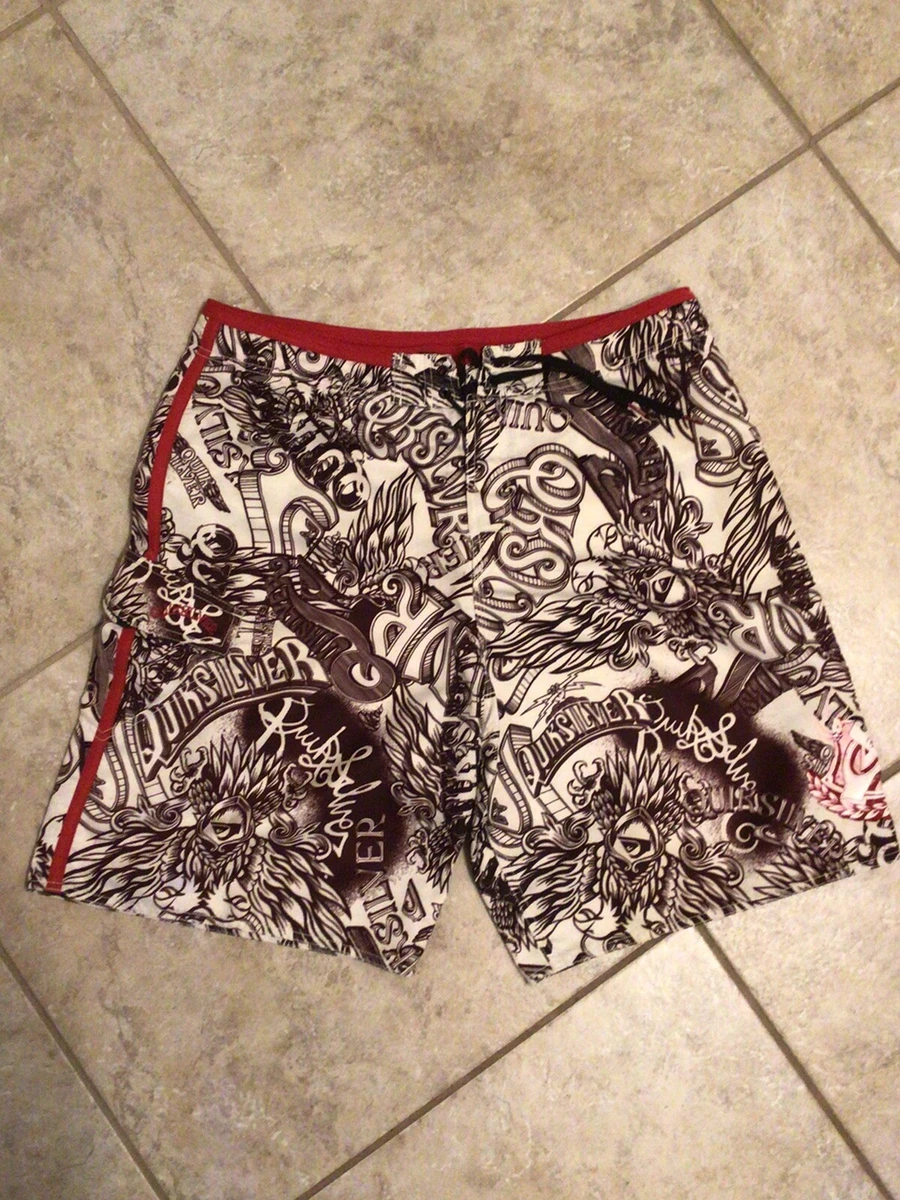 Quicksilver Men s Swim Trunks L Large White Black red Swim Shorts