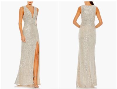 MAC DUGGAL 26598 SPARKLE SEQUIN V-NECK WRAP WIAST SHEATH NUDE GOWN sz 16