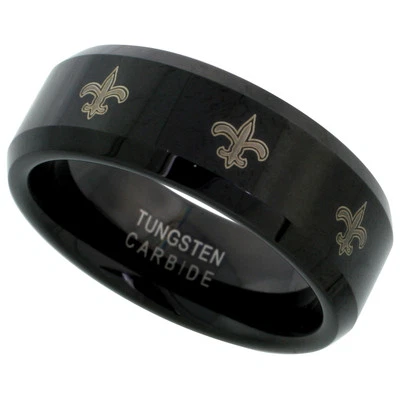 8mm Schwarz Wolfram Ehering, Geätzt Fleur De Lis Muster Abgeschrägte Seiten - Bild 1 von 2