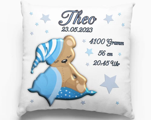 Personalisierte Babygeschenke zur Geburt Kissen mit Namen Teddybär Junge Taufe