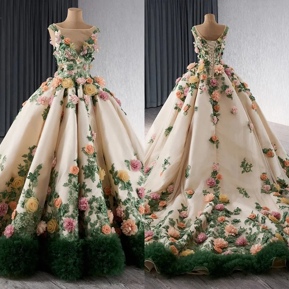 Vestidos de Novia Bordados 3D Flores Novia Vestidos de Baile Sin Mangas Corsé Espalda Foto 2 de 4