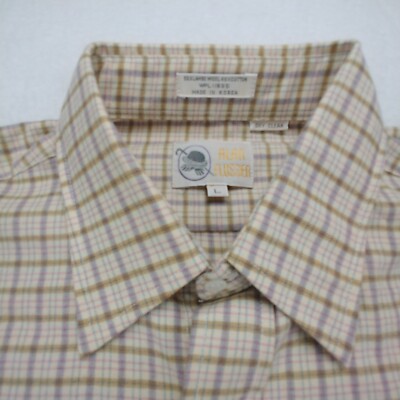 Alan Flusser Linen Button Up Shirt Small Mens Windowpane Plaid Tan Long Sleeve