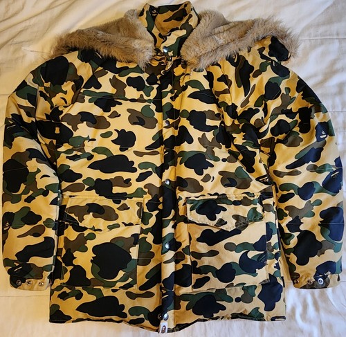 BAPE Yellow Camo Fur Puffer Down Jacket a bathing ape NIGO Size L - Picture 2 of 14