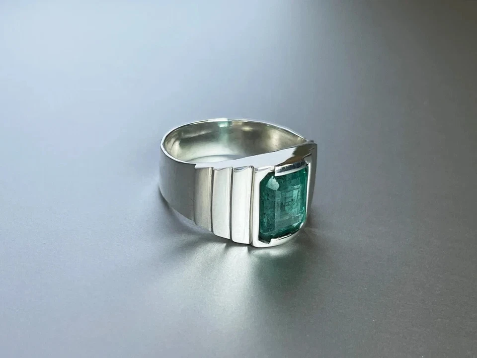 Anillo de piedras preciosas esmeralda genuino anillo hecho a mano plata de ley 925 anillo para hombre regalo Foto 3 de 4