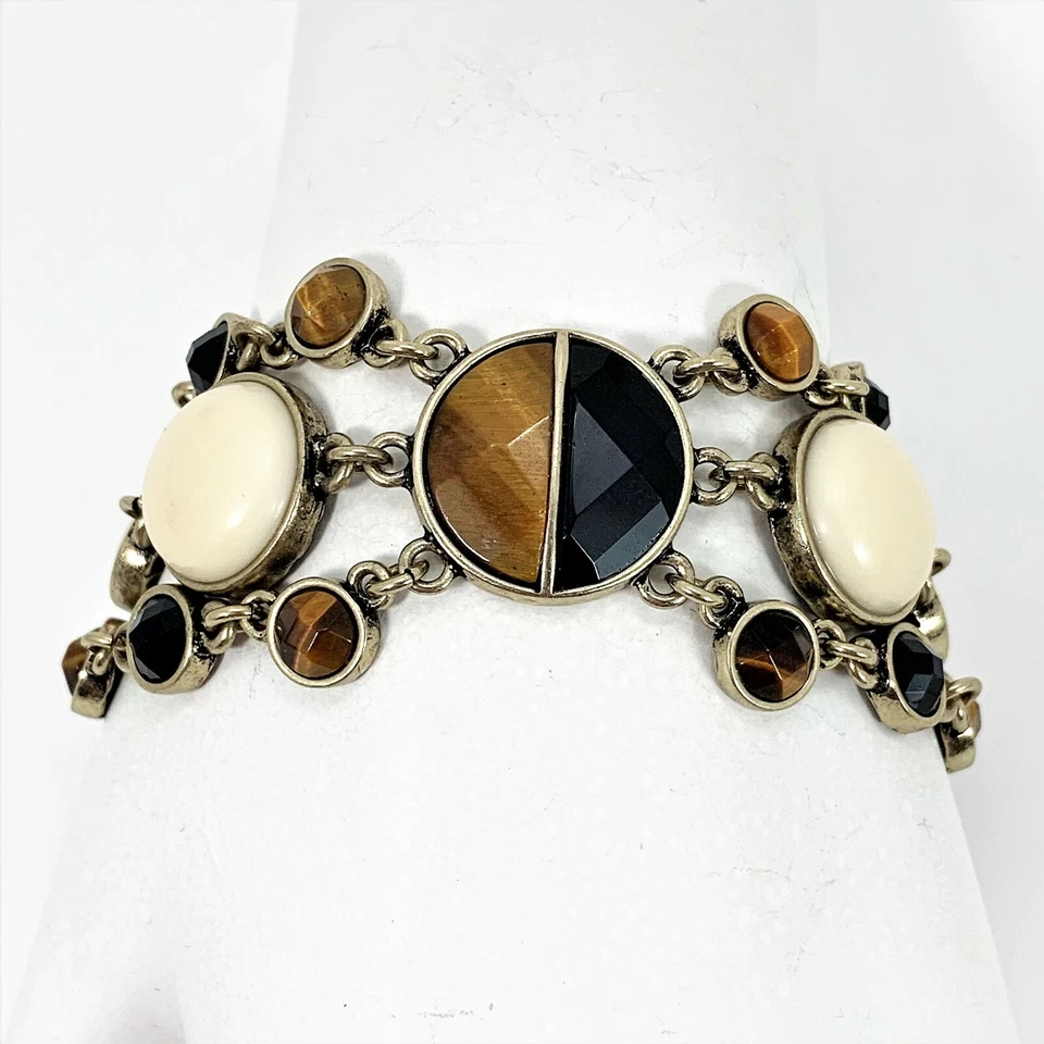 Lucky Brand Tigers Eye Wide Bracelet Faceted Stones Gold Tone Multi Chain - Image 3 of 4