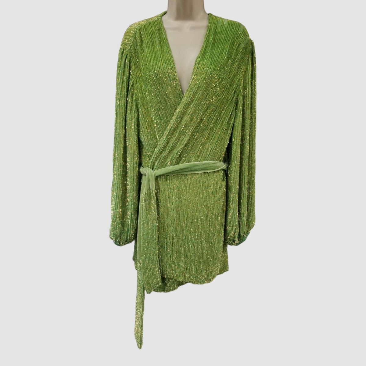 $675 Retrofete Women's Green Gabrielle Sequin Self-Tie Wrap Mini Dress Size  M