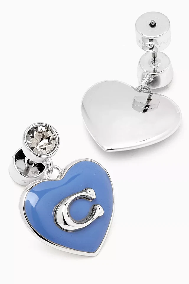 Coach Smalto Orecchini Cuore a Goccia Blu Placcati Argento, Scatola Venduto - Immagine 4 di 4
