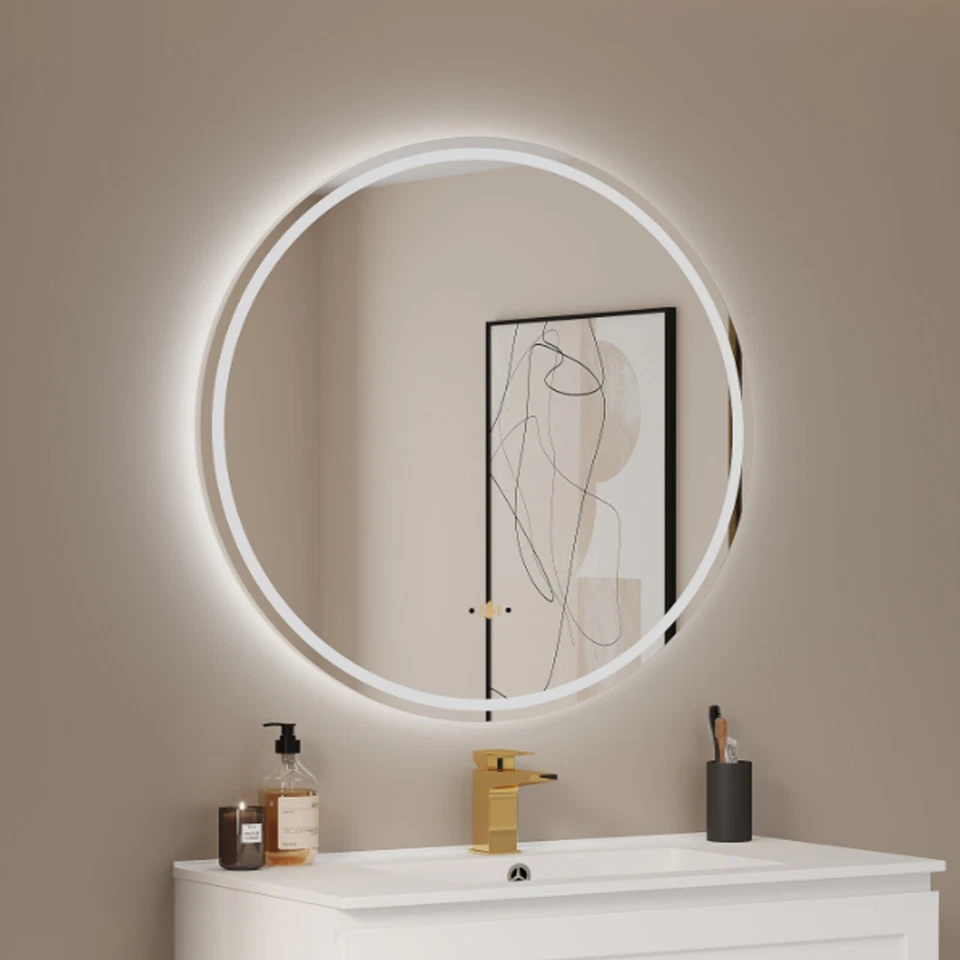Espejo de baño montado en la pared iluminado antiniebla y control de gestos 36"", LED redondo Foto 2 de 4
