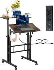 Mobile Standing Desk with Charging Station, Adjustable Standing Computer Desk, S
