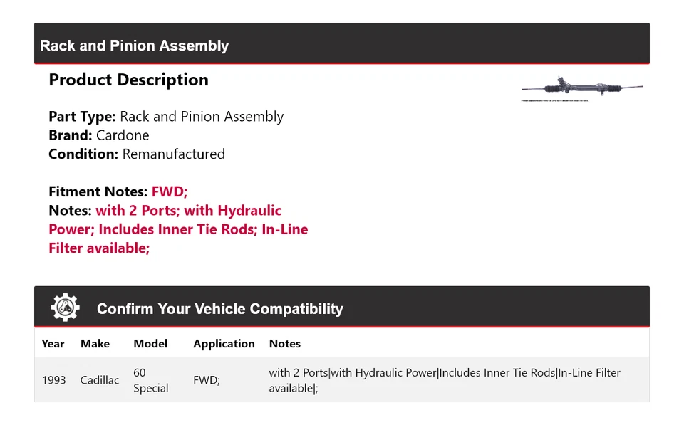 Conjunto de piñón y cremallera especial para Cadillac 60 1993 tracción delantera Cardone Foto 2 de 4
