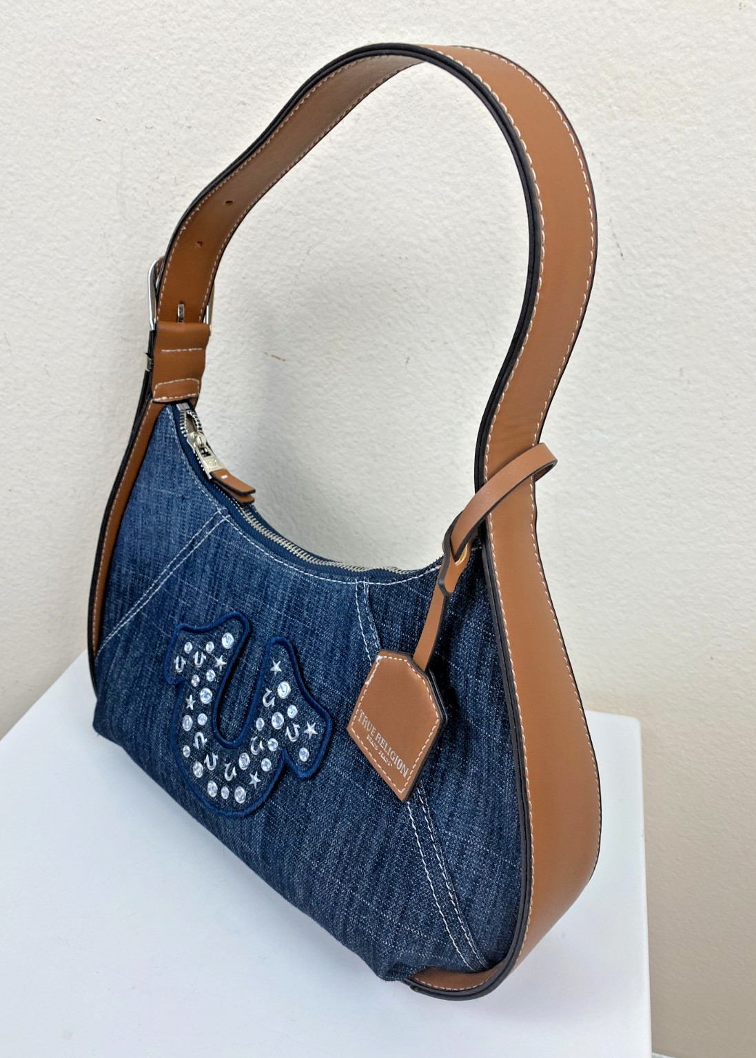 New TRUE RELIGION Blue Denim Raised Horseshoe Hobo Shoulder Bag Studds 14" x 9" thumbnail 12