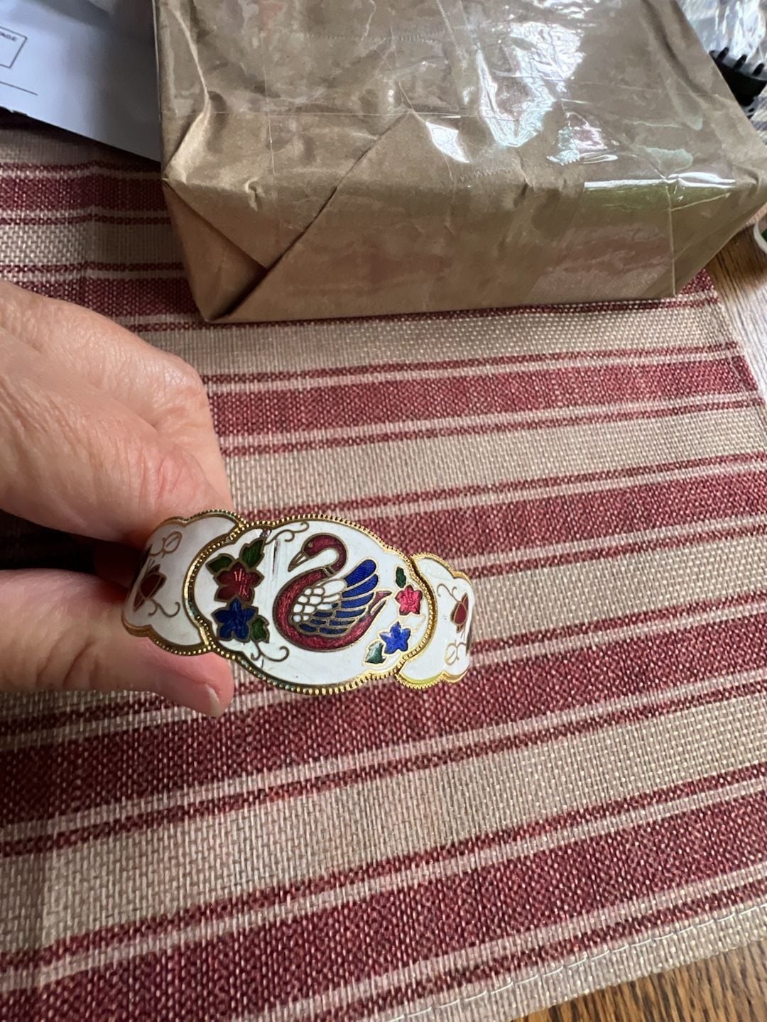 Vintage Cloisonne Hinged Clamper Bracelet with Swan and Floral Design on White E