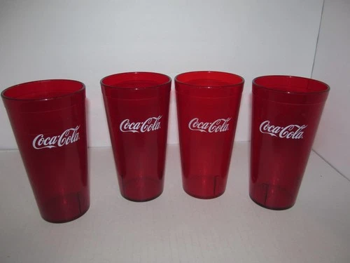 4 Coca Cola Red Restaurant Tumblers Vintage 6 1/2” Plastic Drinking Cups Glasses