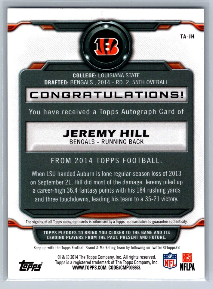 2014 Topps #TA-JH Jeremy Hill Signatures Autograph Cincinnati Bengals - Image 2 of 2