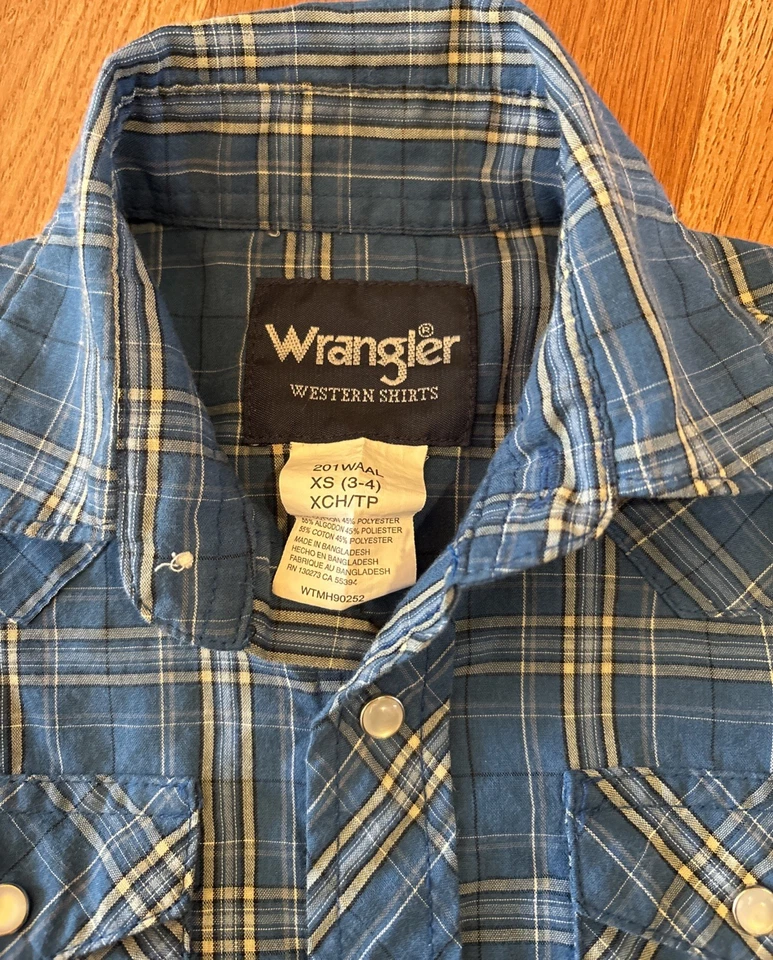 Wrangler Wrancher Blue Plaid Pearl Snap Long Sleeve Shirt Boys Size XS (3-4) - Image 4 of 4