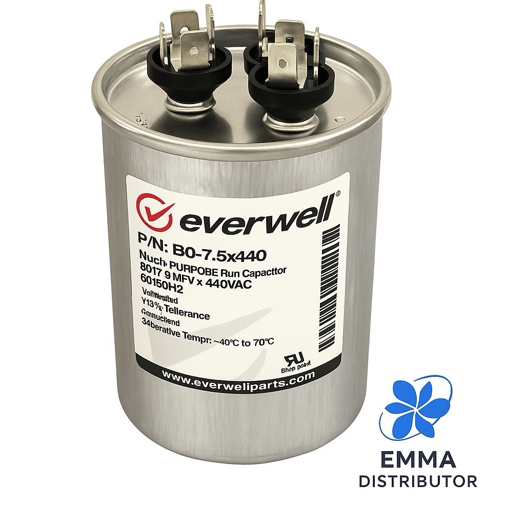 80+7.5µf x 440 VAC MULTI-PURPOSE RUN CAPACITOR, 50/60Hz ROUND TYPE