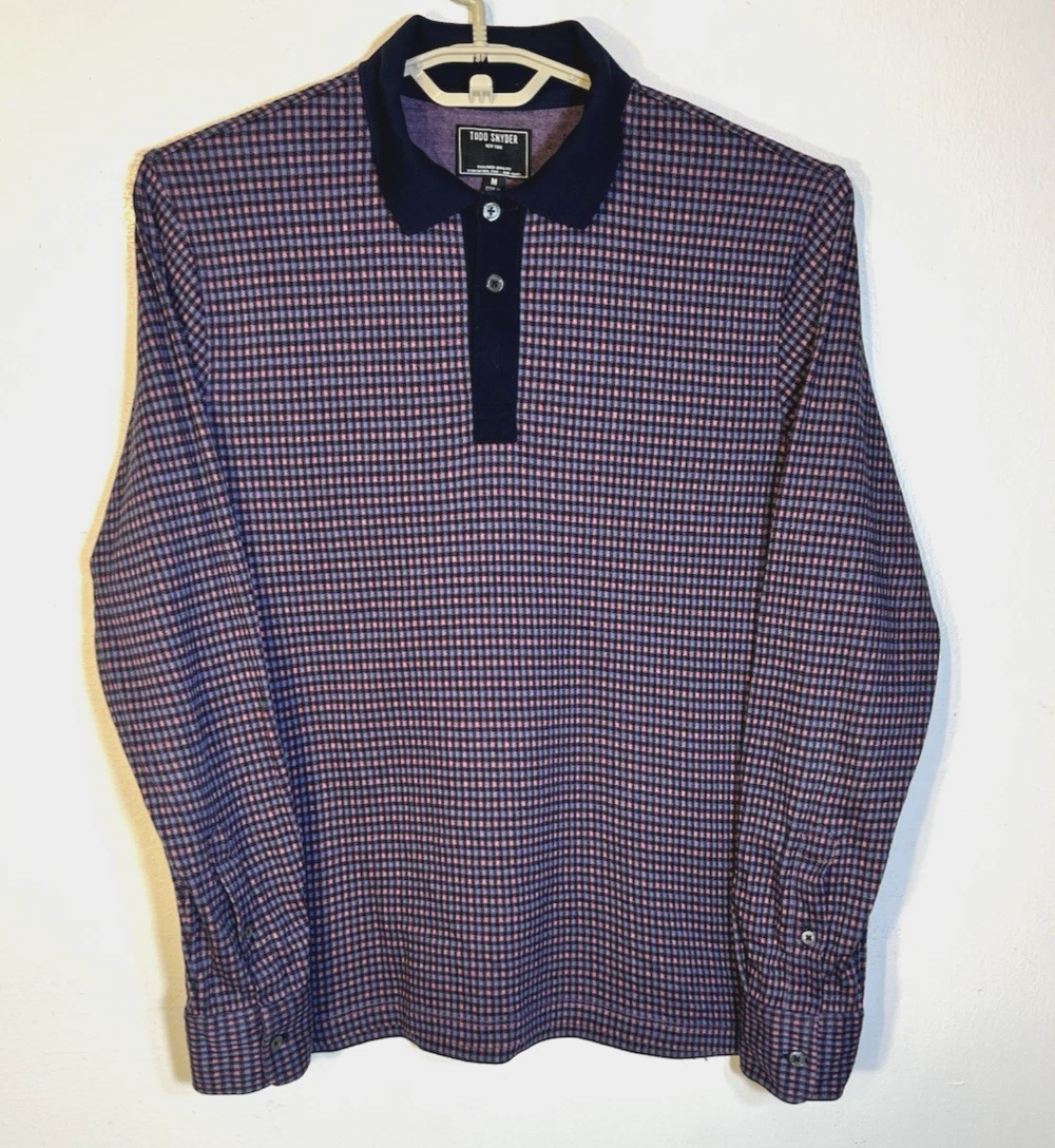 Todd Snyder Men's Medium Blue Purple Plaid Knit Cotton Long Sleeve Polo Shirt