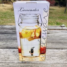 Lancaster Glass 1-Gallon Beverage Dispenser Mason Jar Style Container 12.5” NIB
