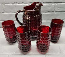 Anchor Hocking Royal Ruby 'Bubble' Pitcher and Four 6" 'Bubble' Tumblers