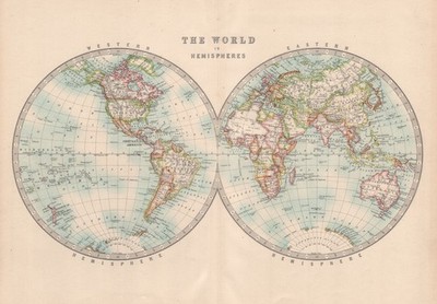 WELT IN ZWEI HEMISPHÄREN. Western & Eastern Hemisphären. JOHNSTON 1912 Karte