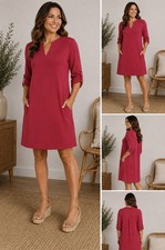 Dear Scarlett NWT Jewel Red Lizzy Dress Size Small 3/4 Roll Tab Sleeves Pockets