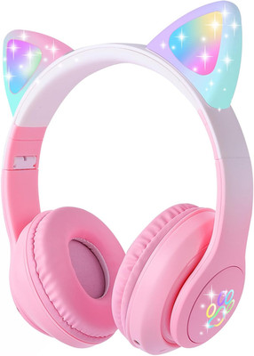 Kids Cat Ear Bluetooth Headphones LED Wireless Wired Mic Foldable Pink