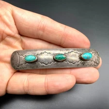 Vintage Navajo Native Turquoise Hand Stampwork Silver Hair Pin Barrette
