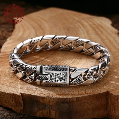 925 Sterling Silver Retro Punk Cuban Link Bracelet Men Vintage Engraved Jewelry