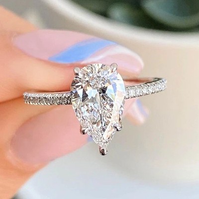 2Ct Pear Cut Lab-Created Solitaire Engagement Ring 14k White Gold Plated