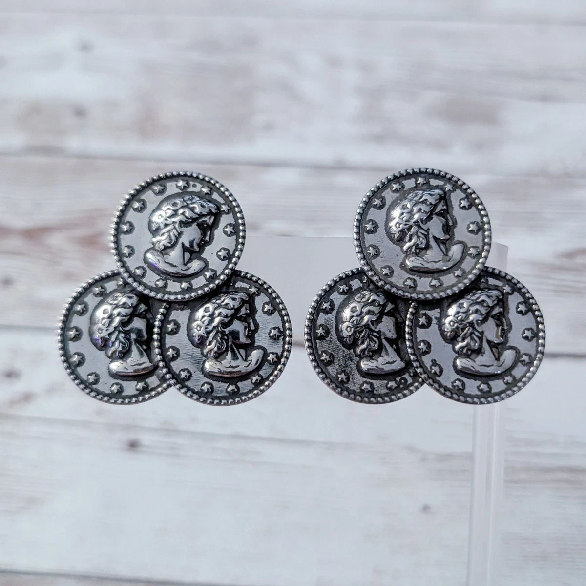 Boucles D'oreilles Clips Vintage Années 90 - Grande Rose Grise En Résine & Strass - Pendantes