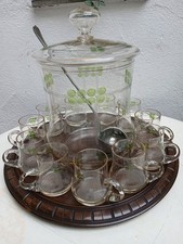 Jugendstil Glas Bowle Set - Bowlegef&auml;&szlig; m Deckel & Kelle & Tablett & 11 Gl&auml;ser