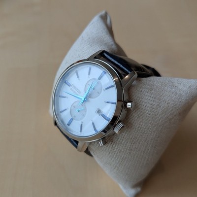 Citizen Eco-Drive Chronograph Leather Strap White Dial CA7069-16A 50M Mens Watch