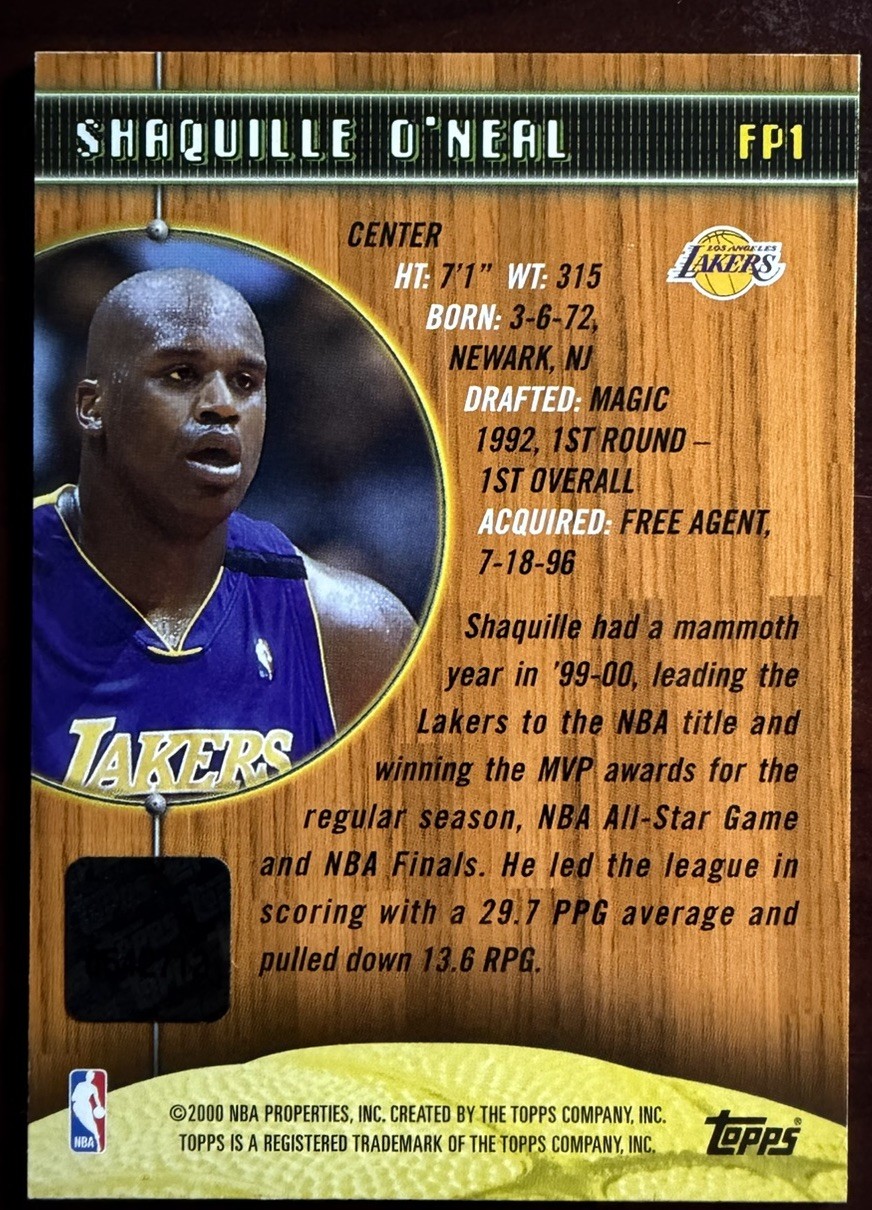 2000 Topps Final Piece #FP1 Shaquille O’Neal Game Worn NBA Finals Jersey Patch view 2