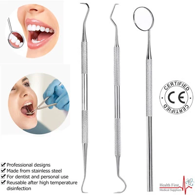 YNR 3pcs Dental Kit Tooth Scraper Mirror Scale Set Tartar Calculus Plaque Remover SS