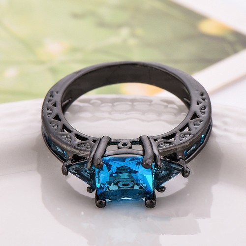 Anillo de compromiso azul cúbico de circón para mujer 10 quilates relleno de oro negro talla 7-10 - Imagen 5 de 7