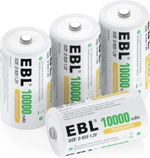 EBL D Size Rechargeable Batteries 10000mah NiMH D Battery Cell  4-Pack
