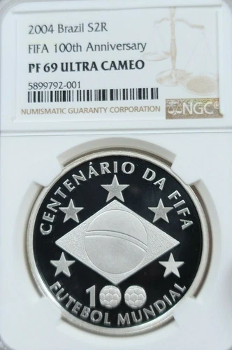 2004 BRAZIL SILVER 2 REAIS FIFA 100TH ANNIVERSAY NGC PF 69 ULTRA CAMEO SCARCE