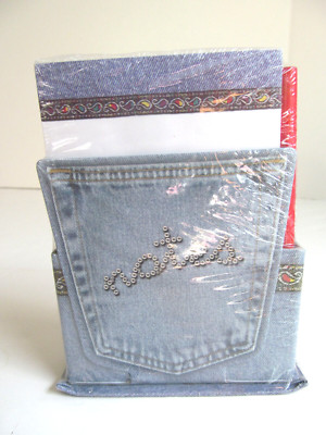 Note Paper W/ Pencil Blue Jeans Pocket Martin Designs Desk Pad Stand Up Vtg H1