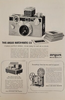 1959 Argus Match Matic C3 Vintage Print Ad Camera Slide Projector Movie