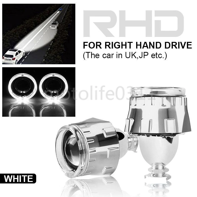 2x 2.5" Bi Xenon HID LED Projector Len H4 H7 Headlight Retrofit White Angel Eyes - Image 3 of 4