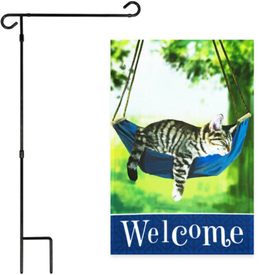 Garden Flag Stand Black 36x16IN & Garden Flag Welcome Sleeping Kitten 12x18IN